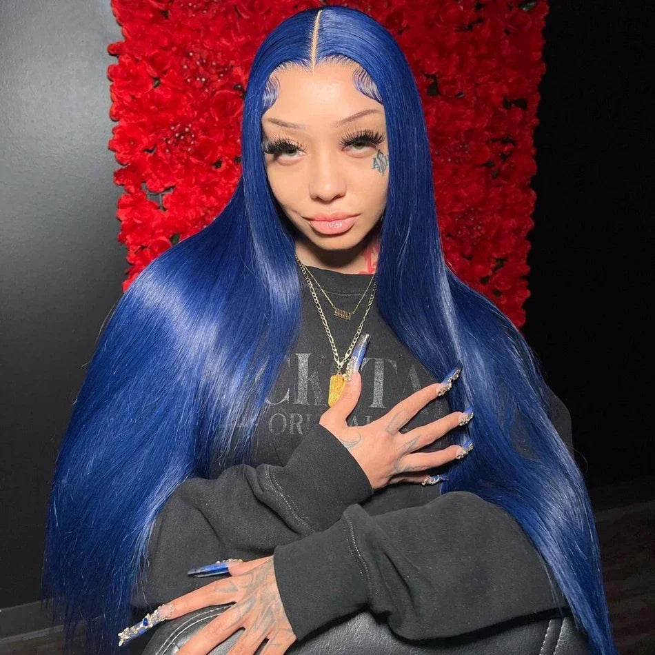 Perruque longue bleue lisse 26 pouces, densité 180 %, lace front profonde naturelle, synthétique, pré-épilée, sans colle, idéale pour un usage quotidien