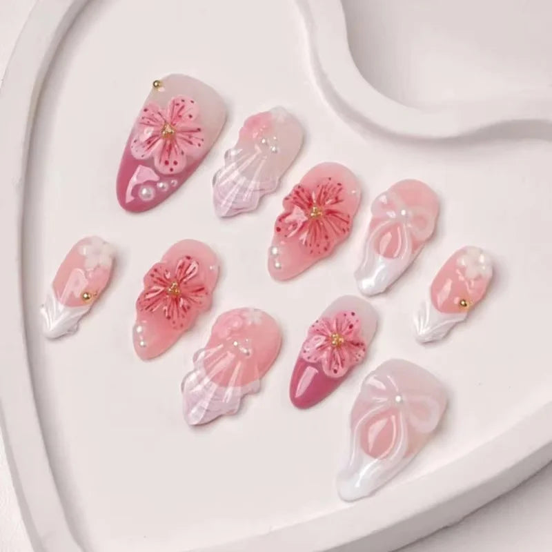 24 pièces mi-long doré amande ongles ensemble presse sur 3D fleur dégradé rose couverture complète faux ongles conseils perle réutilisable faux ongles