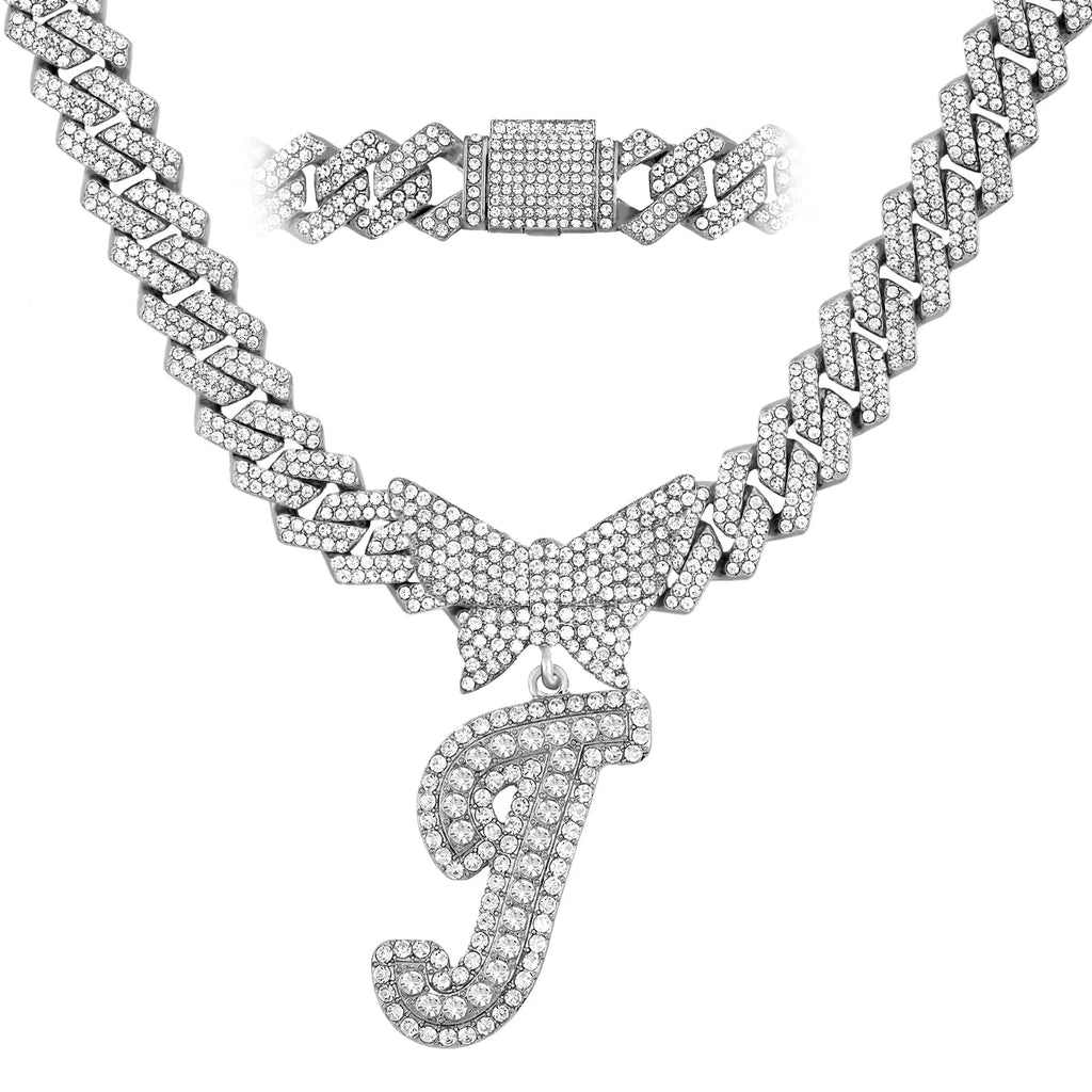 Collier chaîne cubaine 14 mm pour hommes et femmes, avec pendentif papillon en cristal et initiales, lettres cursives style “iced out”, bijou de style rappeur, nouveau bijou de mode.