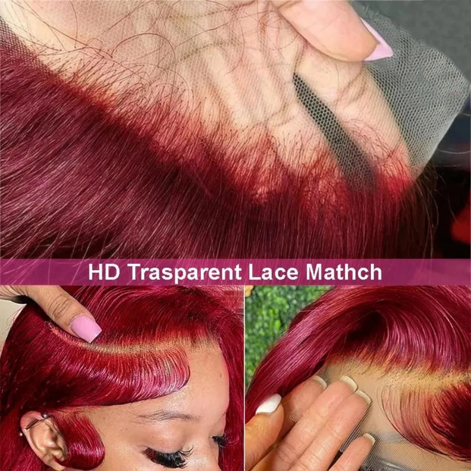 Perruque en cheveux humains raides 99J bordeaux, lace front HD 13x6, wig rouge colorée, pré-épilée, cheveux brésiliens, lace transparente frontale.