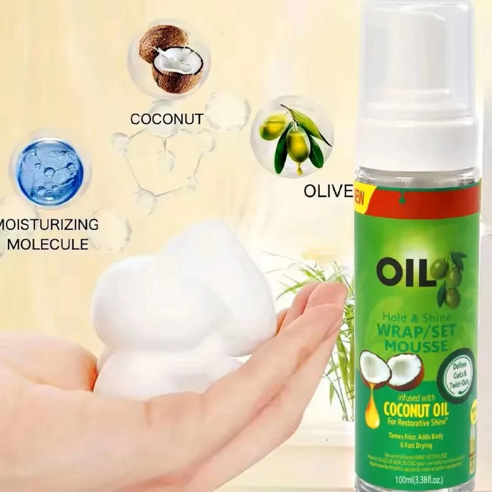 Mousse pour cheveux bouclés (100 ml) – Mousse coiffante pour perruques et cheveux naturels, à tenue forte avec huile d’olive. Mousse anti-frisottis pour définir et fixer les boucles