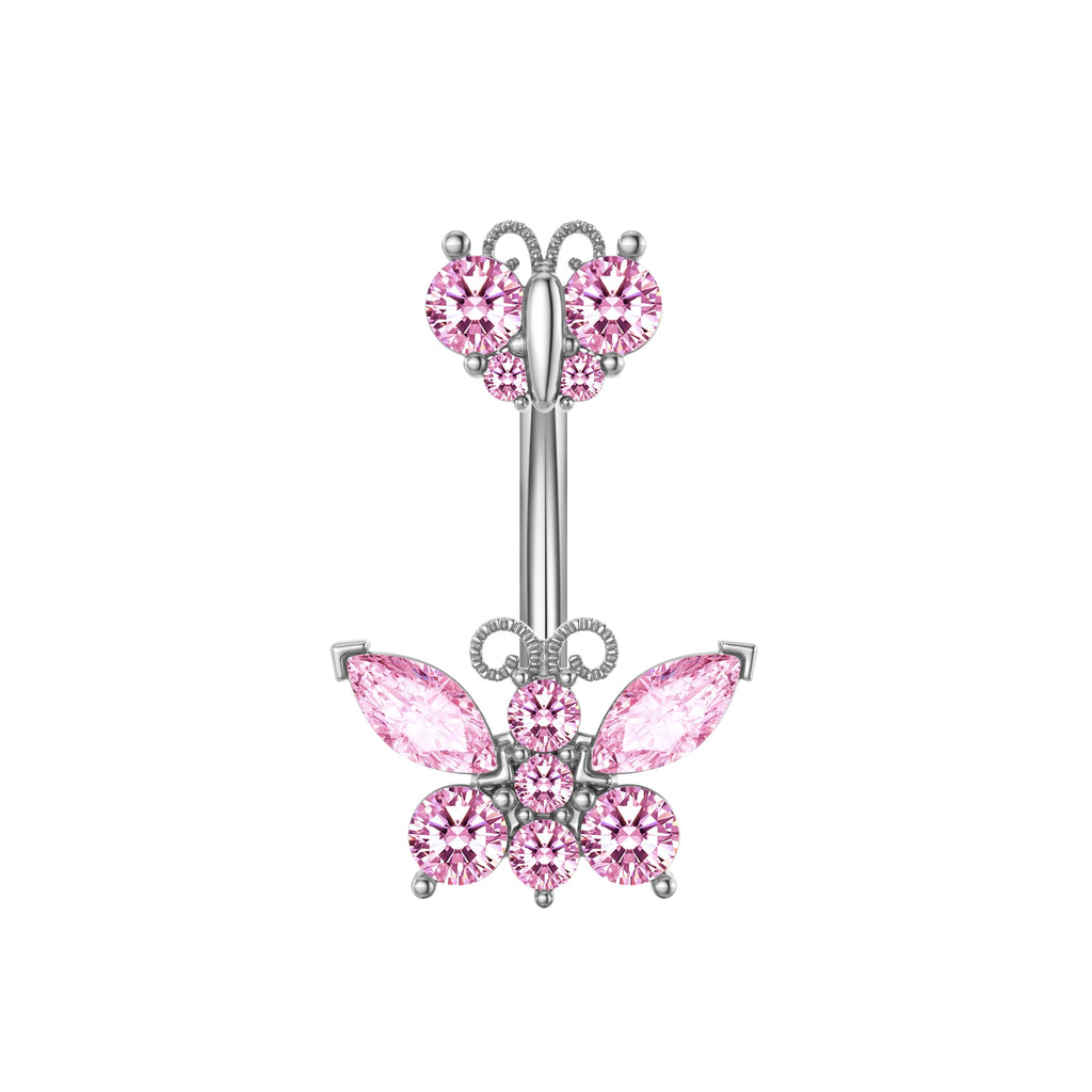 1 pièce Anneau de nombril incurvé en acier inoxydable couleur or avec cristaux CZ, motif papillon abeille, 14G, avec pendentif