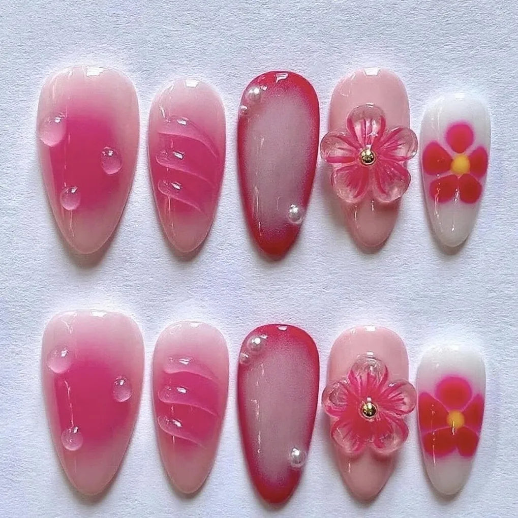 24 pièces mi-long doré amande ongles ensemble presse sur 3D fleur dégradé rose couverture complète faux ongles conseils perle réutilisable faux ongles