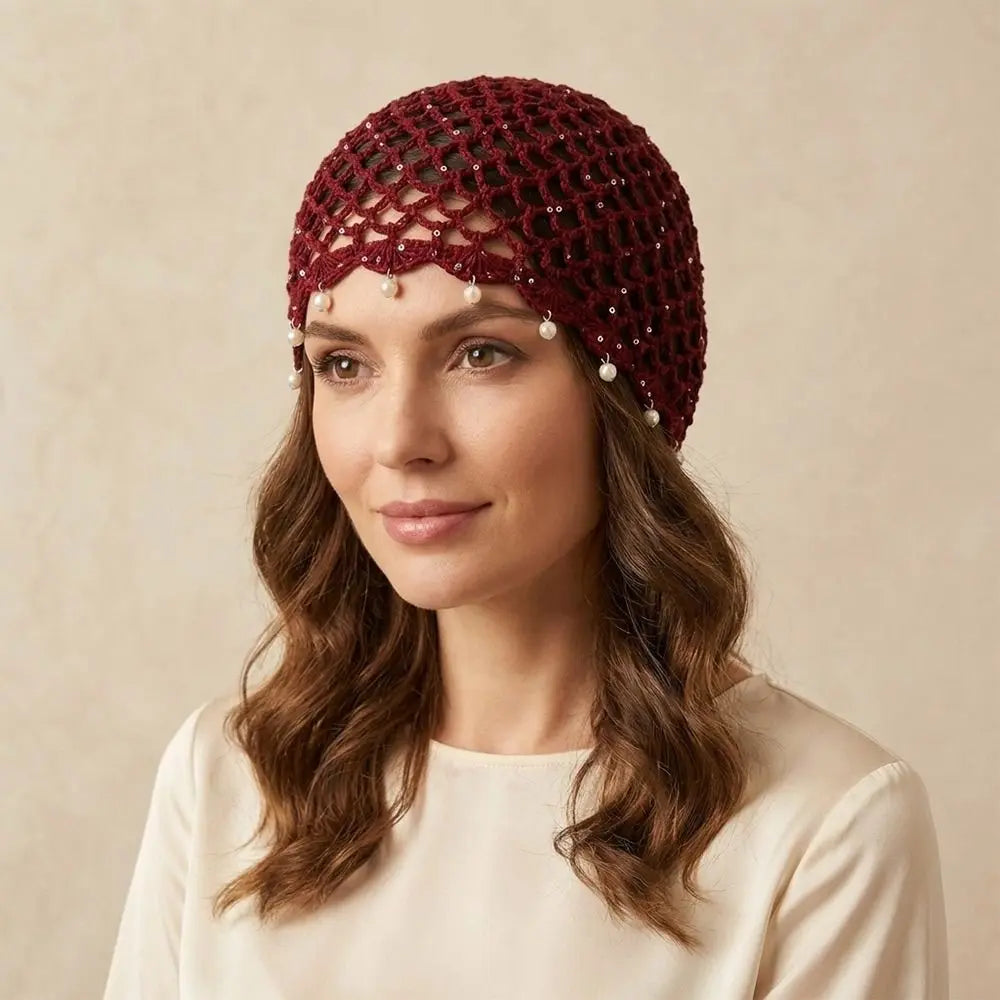 Bonnet en crochet ajouré tressé respirant avec perles et franges, style rétro, pour femme, été