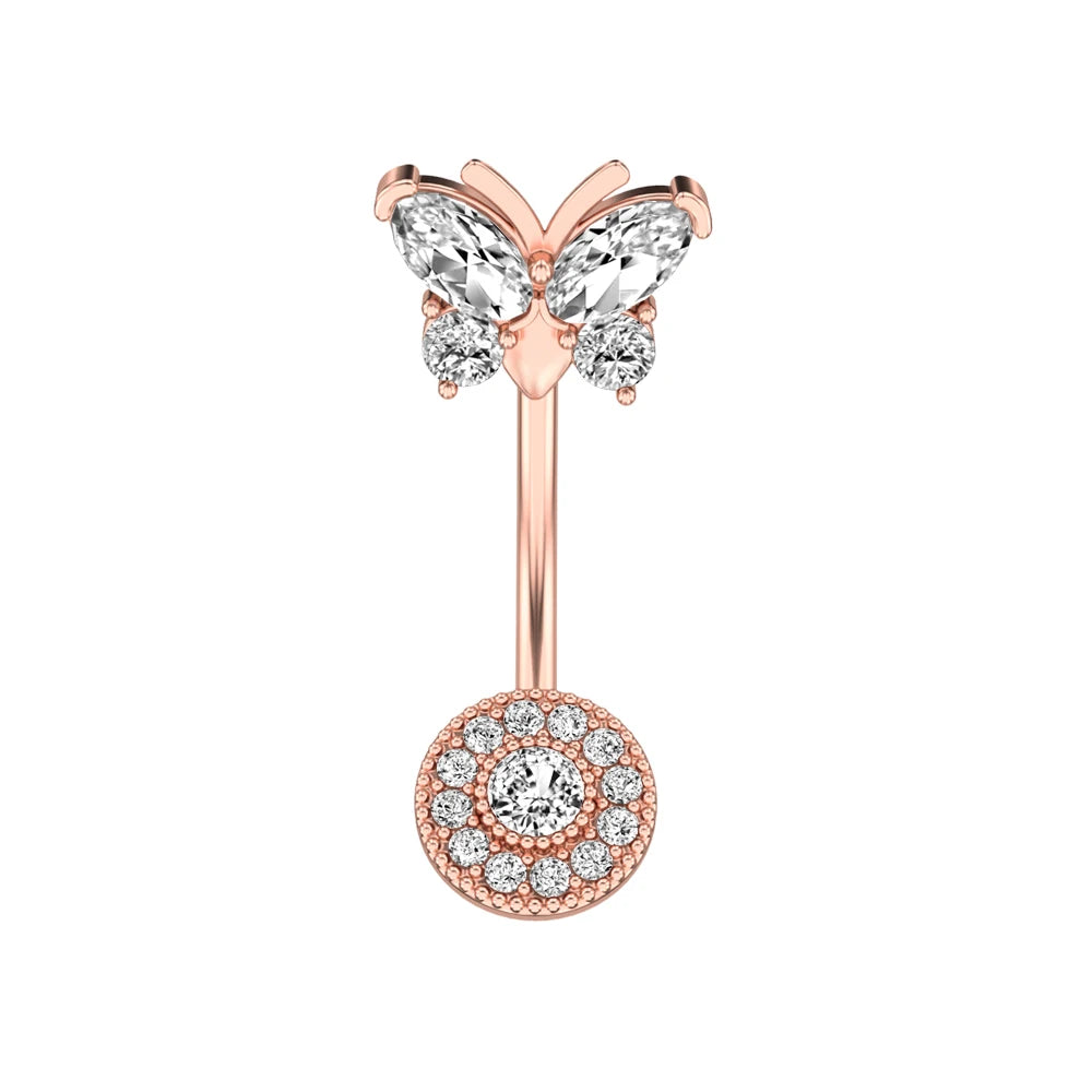 1 pièce Anneau de nombril incurvé en acier inoxydable couleur or avec cristaux CZ, motif papillon abeille, 14G, avec pendentif