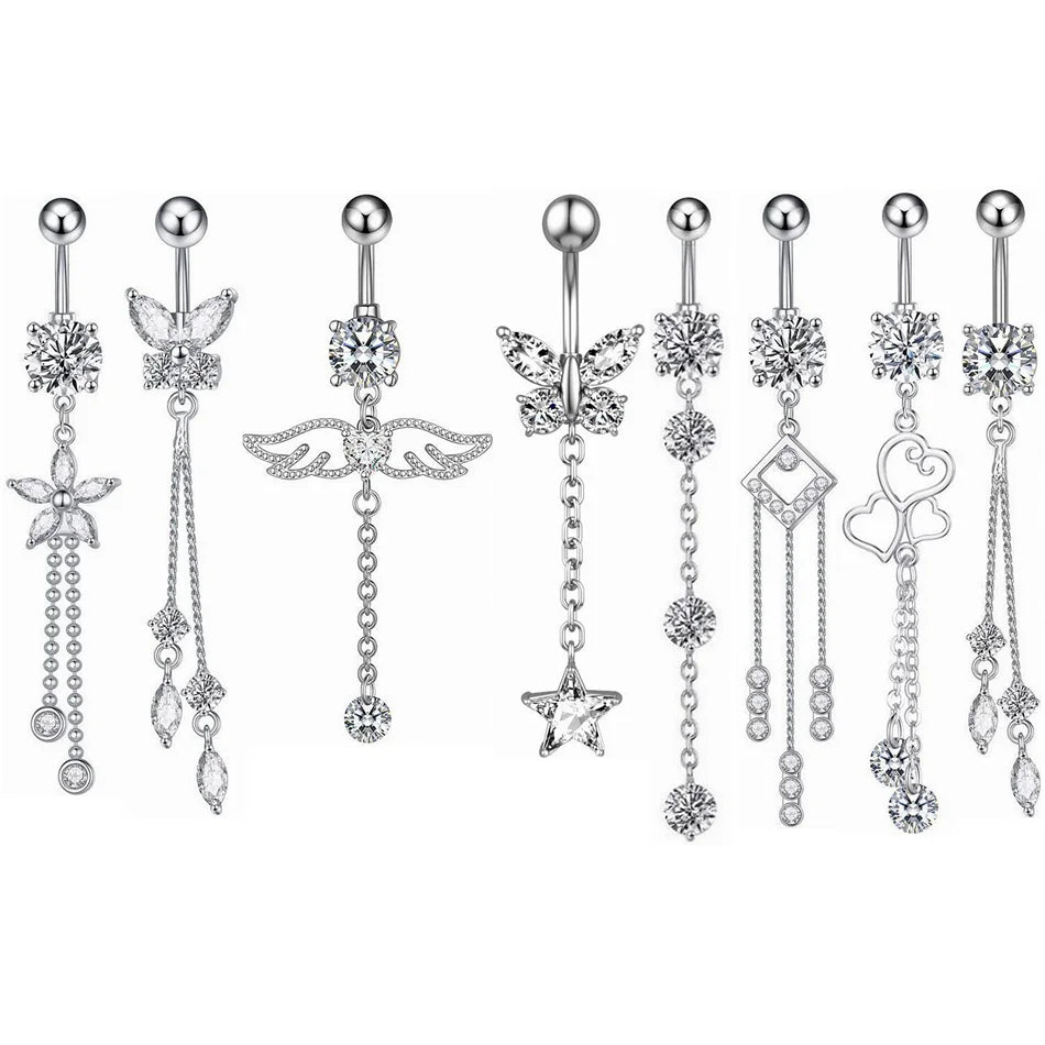 Piercing de nombril à filetage interne en titane – Bijou de nombril avec barre de piercing et pendentif décoratif. Orné d’une longue chaîne avec nœud, fleur ou papillon suspendu pour un look élégant et féminin.