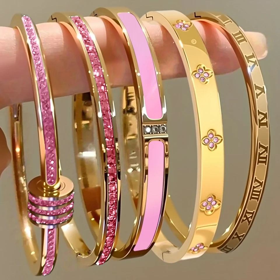 ZAKOL nouveau Buling rose cristal zircone Bracelet en acier inoxydable pour les femmes polyvalent empilable bijoux étanche Bracelet cadeau