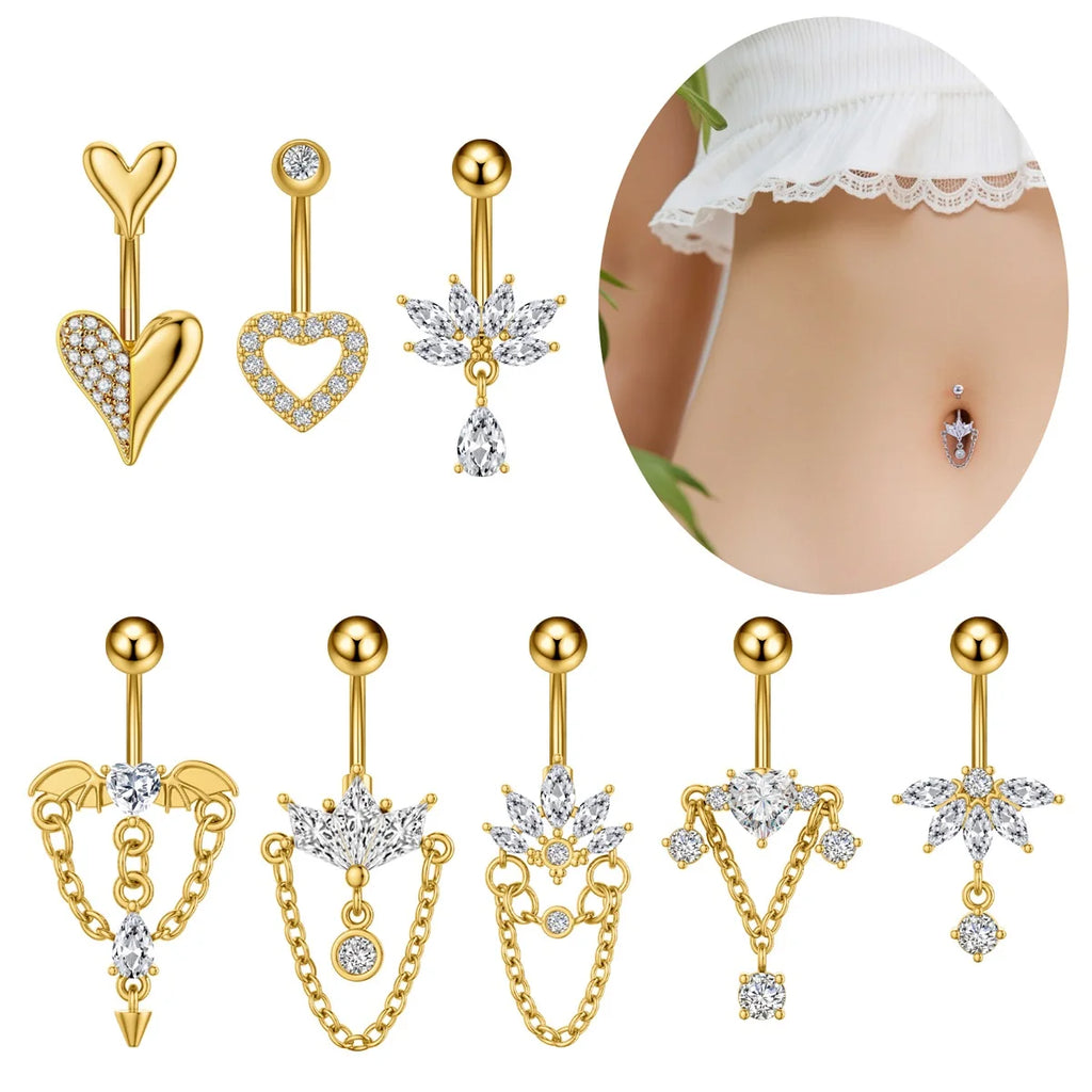 Anneaux de nombril incurvés 14G, cristaux CZ, corps Sexy, chaînes de nombril, fleur, Piercing de ventre, Umbigo, bijoux en acier inoxydable