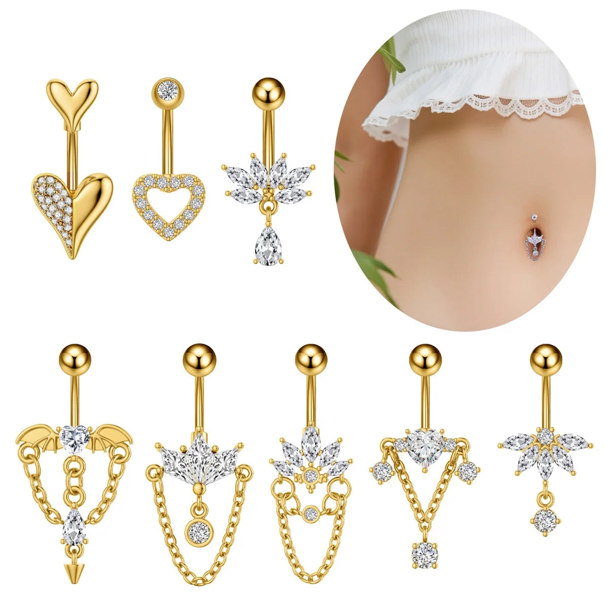 Anneaux de nombril incurvés 14G, cristaux CZ, corps Sexy, chaînes de nombril, fleur, Piercing de ventre, Umbigo, bijoux en acier inoxydable