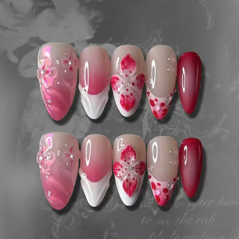 24 pièces mi-long doré amande ongles ensemble presse sur 3D fleur dégradé rose couverture complète faux ongles conseils perle réutilisable faux ongles