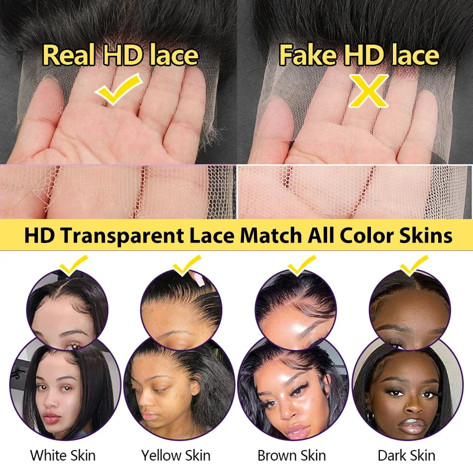 Perruque en cheveux humains Body Wave avec lace frontale HD transparente 13x6, disponible en 30 à 40 pouces. Perruque lace frontale HD 360° ou 13x4, pré-épilée avec une ligne de cheveux naturelle.