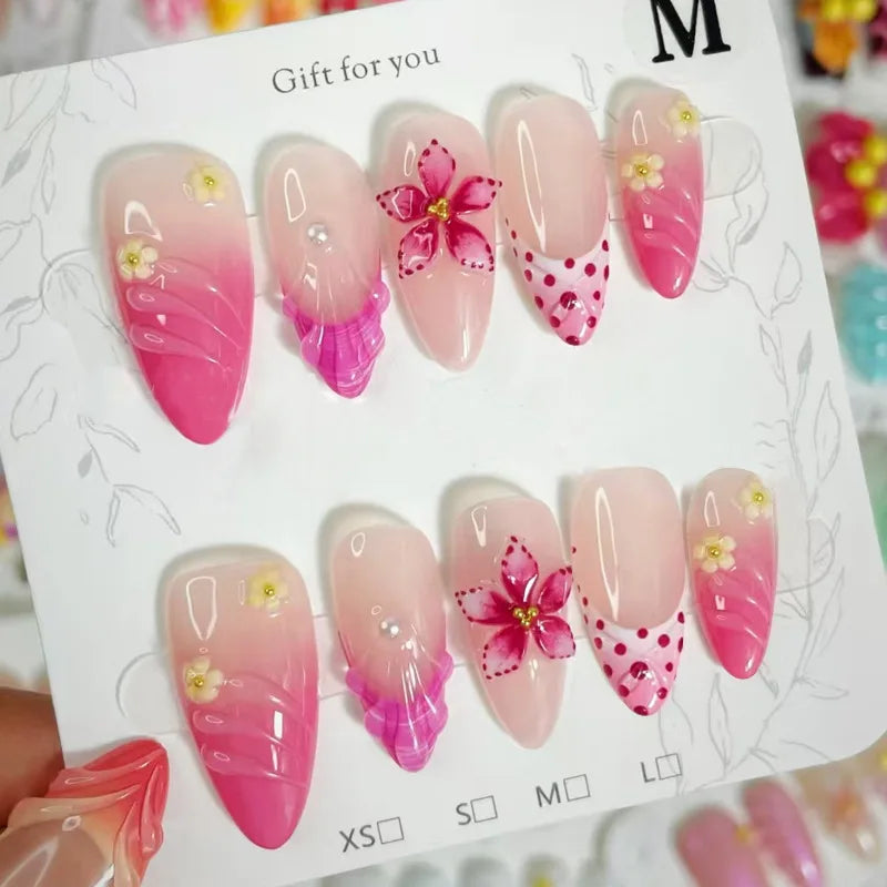 24 pièces mi-long doré amande ongles ensemble presse sur 3D fleur dégradé rose couverture complète faux ongles conseils perle réutilisable faux ongles