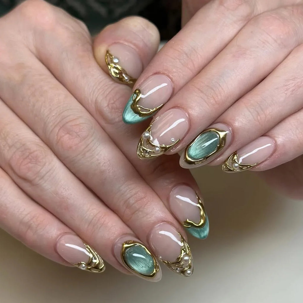 24 pièces mi-long doré amande ongles ensemble presse sur 3D fleur dégradé rose couverture complète faux ongles conseils perle réutilisable faux ongles