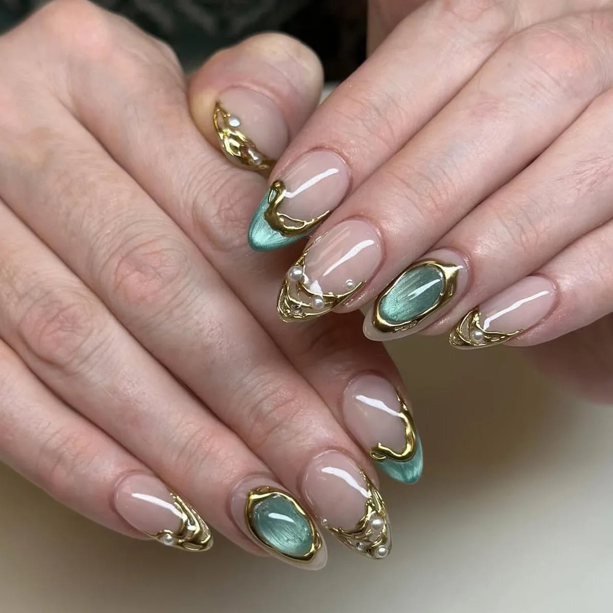 24 pièces mi-long doré amande ongles ensemble presse sur 3D fleur dégradé rose couverture complète faux ongles conseils perle réutilisable faux ongles