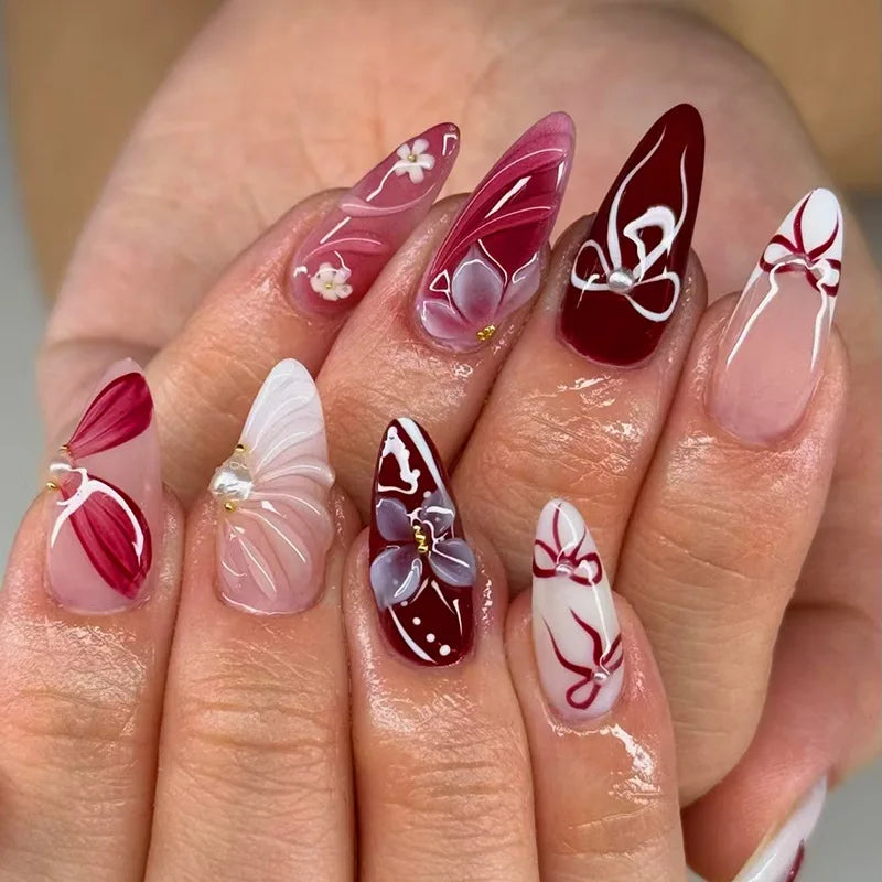 24 pièces mi-long doré amande ongles ensemble presse sur 3D fleur dégradé rose couverture complète faux ongles conseils perle réutilisable faux ongles