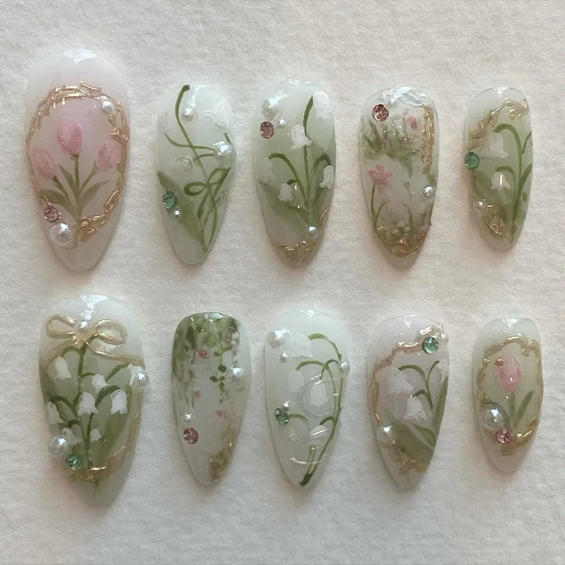 24 pièces mi-long doré amande ongles ensemble presse sur 3D fleur dégradé rose couverture complète faux ongles conseils perle réutilisable faux ongles