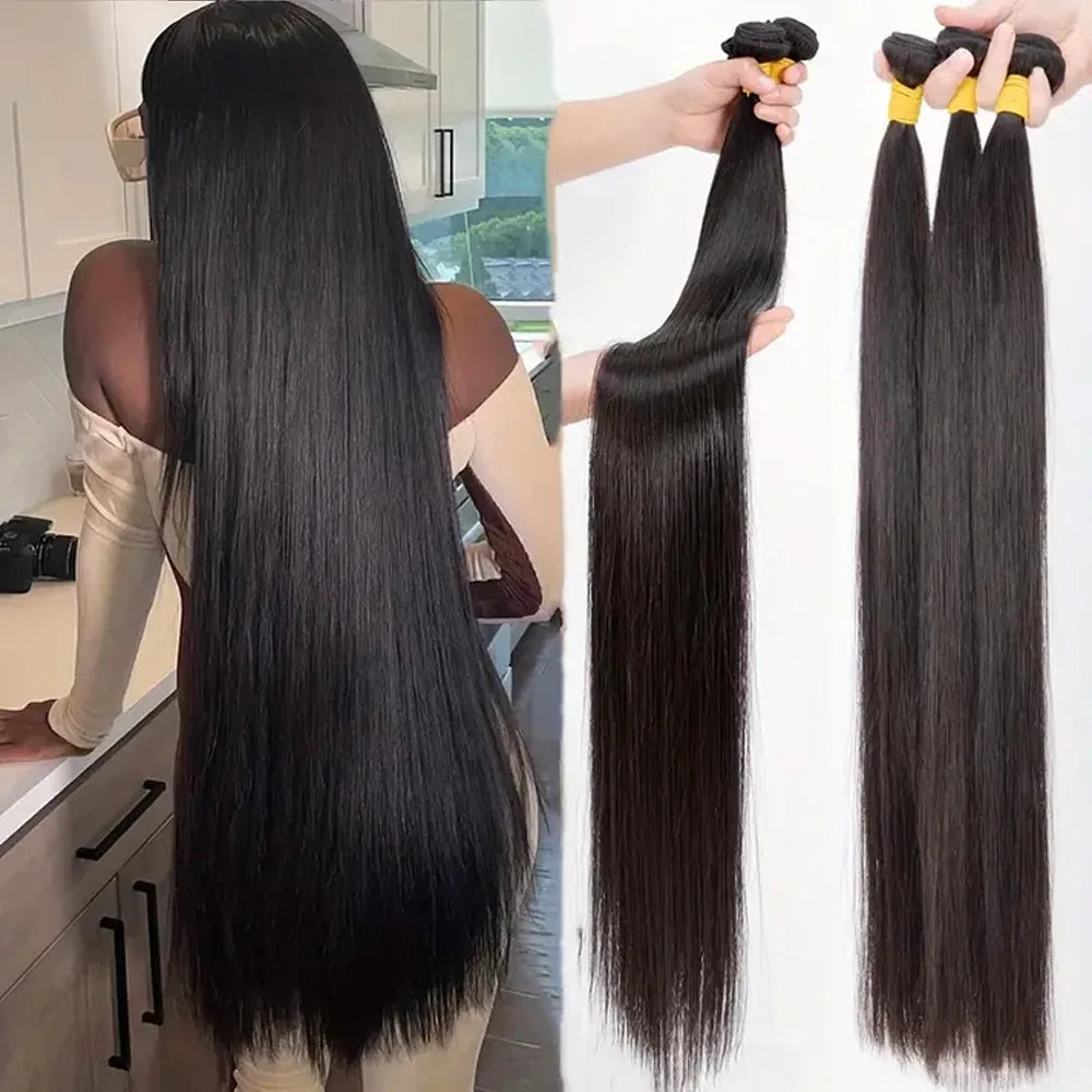 Tissages cheveux humains brésiliens lisses – mèches brutes (bundles), extensions pour femme, 42 pouces, texture droite (bone straight)