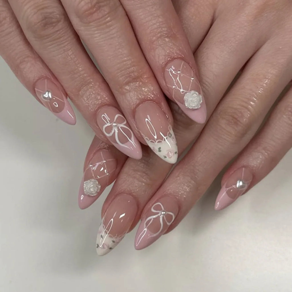 24 pièces de faux ongles à fleurs, style tendance, avec effet dégradé jaune et rose. Ongles portables à couverture complète, forme amande , à poser directement (Press-On Nails).