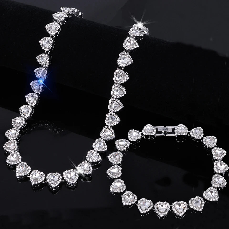Yupsk 45CM/20CM coeur brillant strass Hip Hop Rock Tennis chaîne Bracelet collier pour femmes hommes à la mode ensemble de bijoux cadeau
