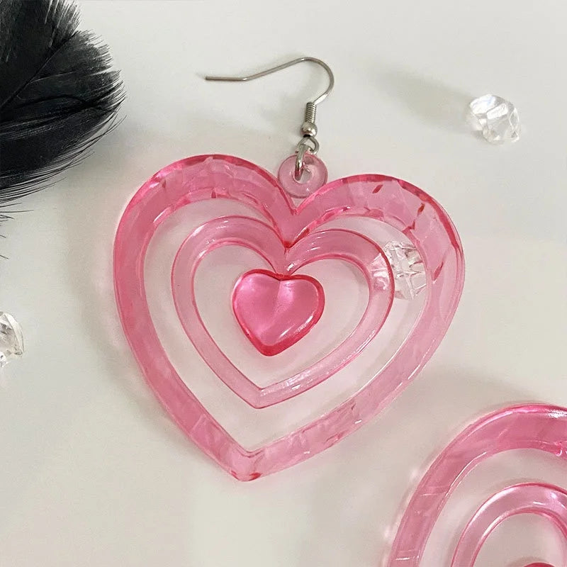 Boucles d’oreilles pendantes superposées en acrylique rose en forme de cœur, style Y2K vintage, pour femmes et filles, bijoux d’été doux pour soirée, accessoires de fête, cadeau.