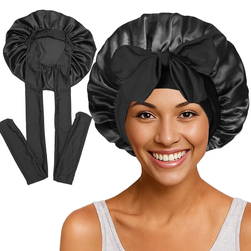 Nouveau bonnet de nuit en satin uni avec bande élastique extensible à nouer pour femmes, bonnet de douche ajustable, bonnet/turban pour couvrir les cheveux.