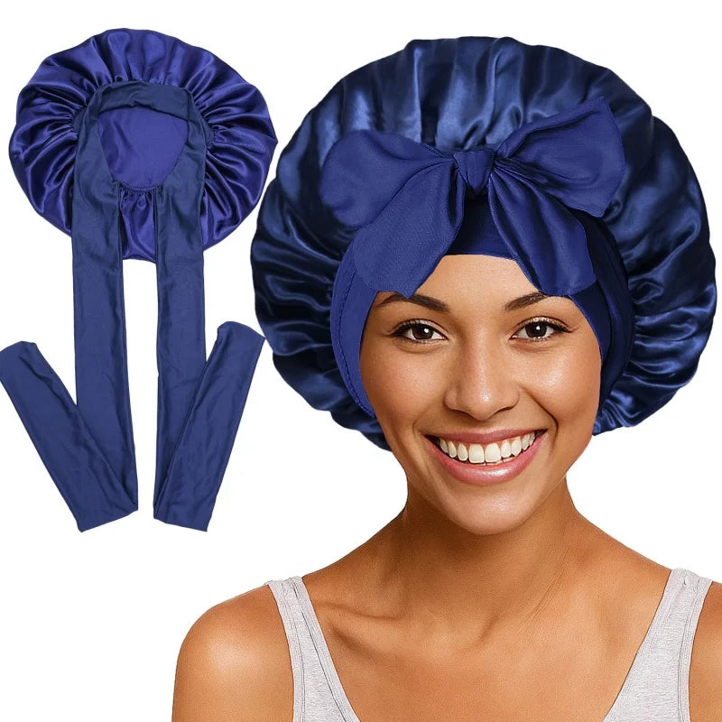 Nouveau bonnet de nuit en satin uni avec bande élastique extensible à nouer pour femmes, bonnet de douche ajustable, bonnet/turban pour couvrir les cheveux.