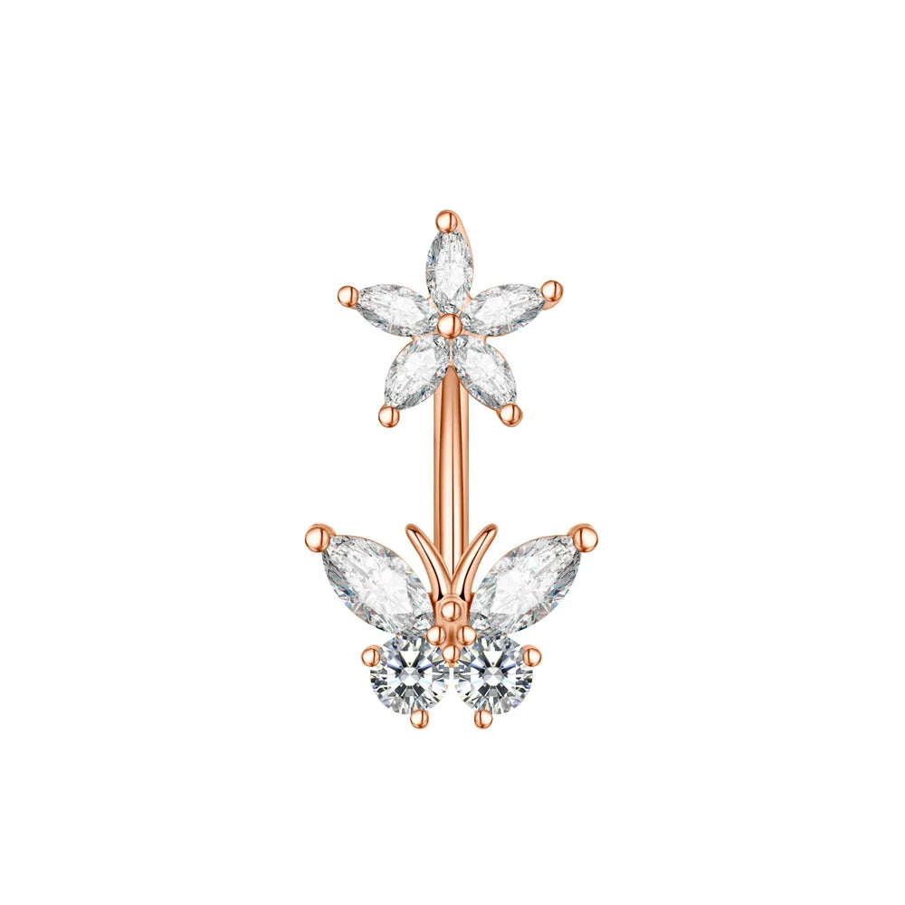1 pièce Anneau de nombril incurvé en acier inoxydable couleur or avec cristaux CZ, motif papillon abeille, 14G, avec pendentif