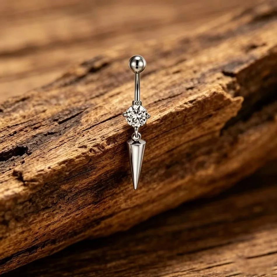 Piercing de nombril 14G en titane – barre de barbell, acier inoxydable, pendentif à strass en forme de pointe cône, style minimaliste punk, bijou de corps pour homme et femme