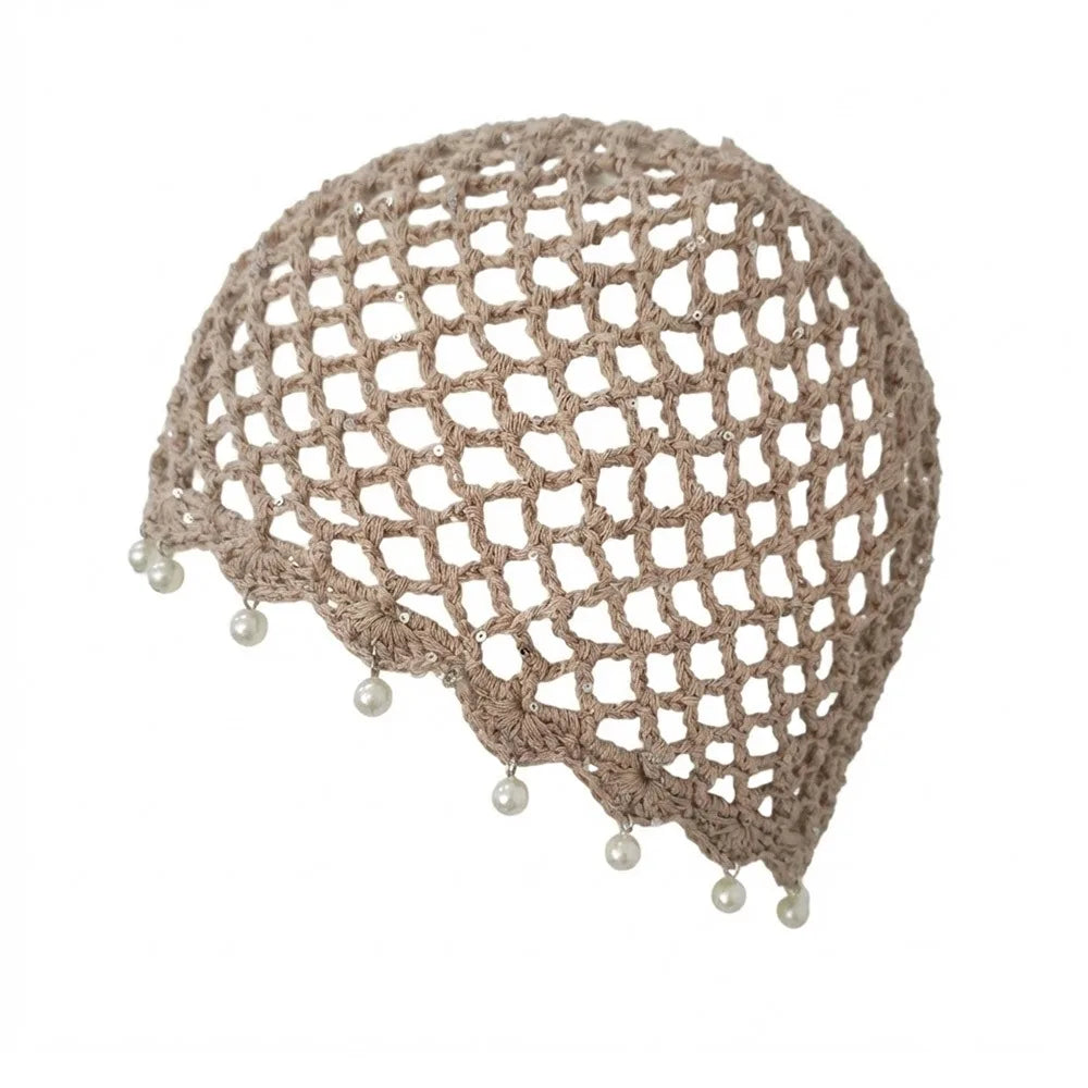 Bonnet en crochet ajouré tressé respirant avec perles et franges, style rétro, pour femme, été