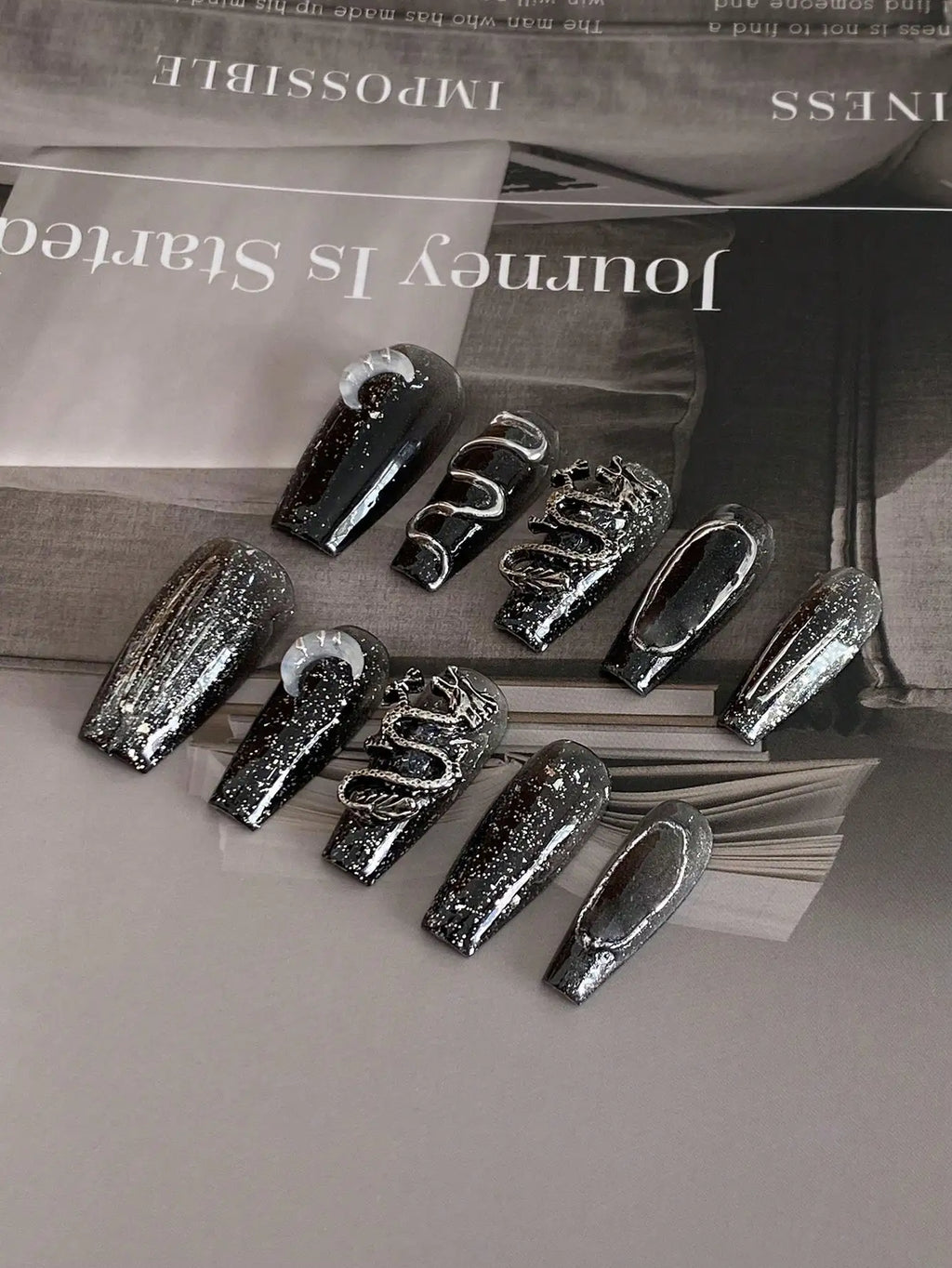 10 pièces ongles à pression ongles cercueil faits à la main série Dragon foncé paillettes fines paillettes détachables ongles réutilisables