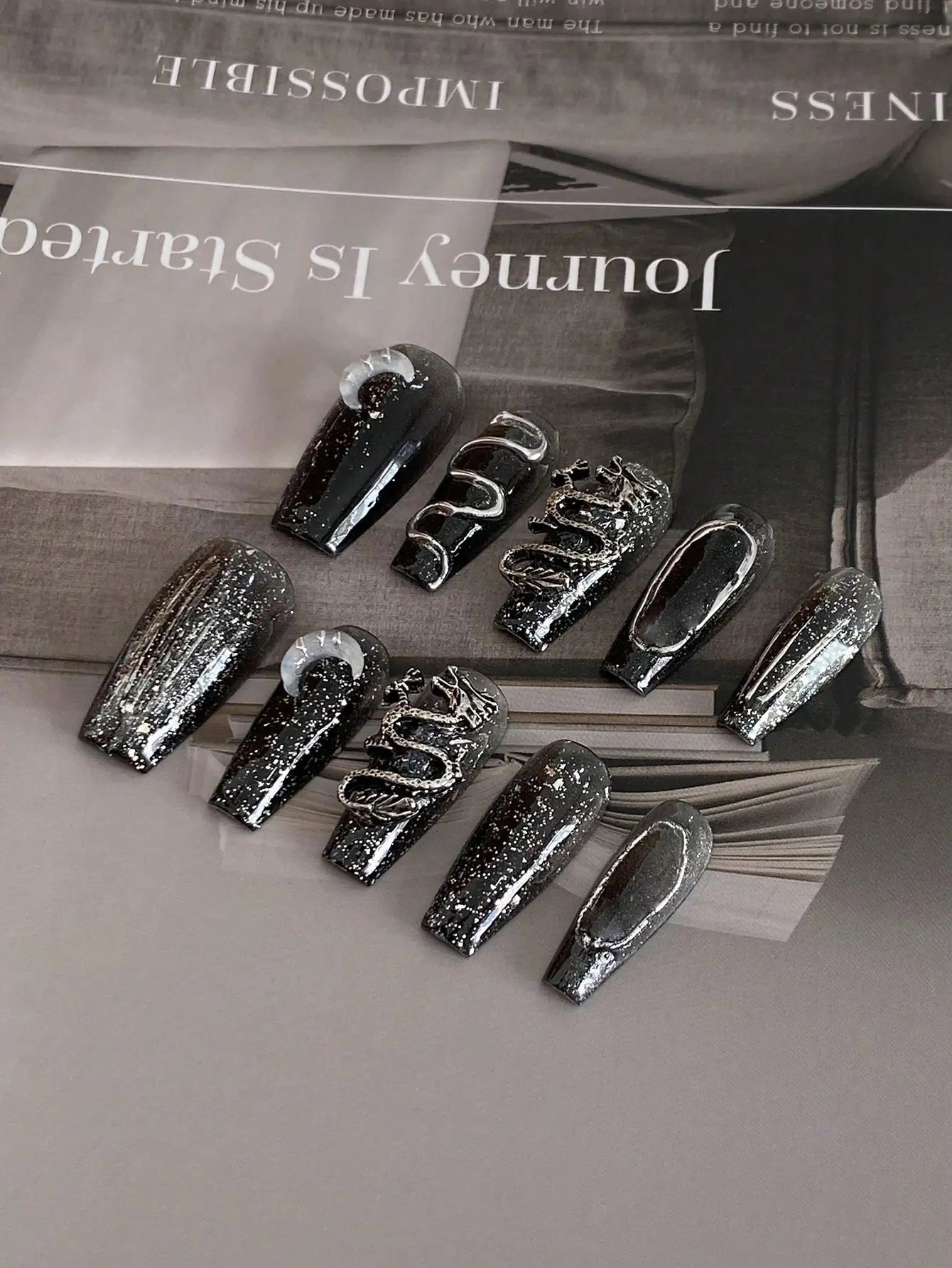 10 pièces ongles à pression ongles cercueil faits à la main série Dragon foncé paillettes fines paillettes détachables ongles réutilisables