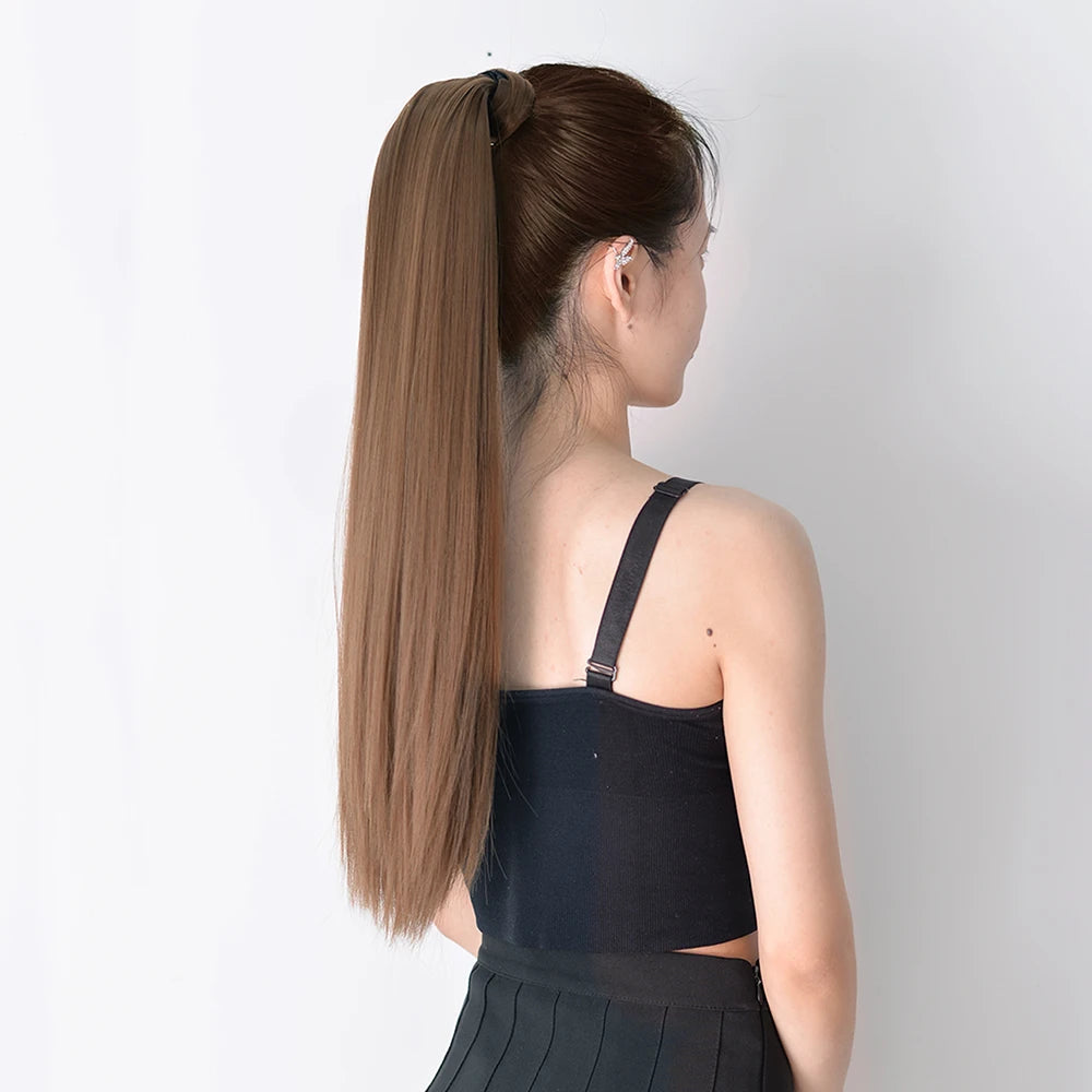 Queue de cheval synthétique longue et droite de 22 pouces, extension de cheveux à enrouler avec clip, résistante à la chaleur, postiche blond