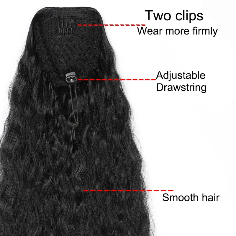 Queue de cheval synthétique longue et bouclée de 22 pouces, extension de cheveux à cordon de serrage, postiche noir à clipser pour femme