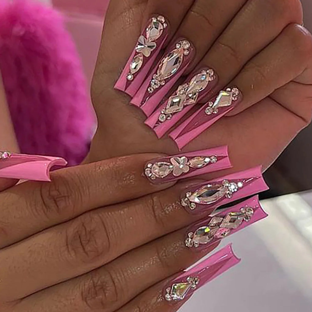 24 pièces – faux ongles longs carrés style français, design cœur 3D, ongles press-on avec strass, motif décoratif, faux ongles portables pour nail art