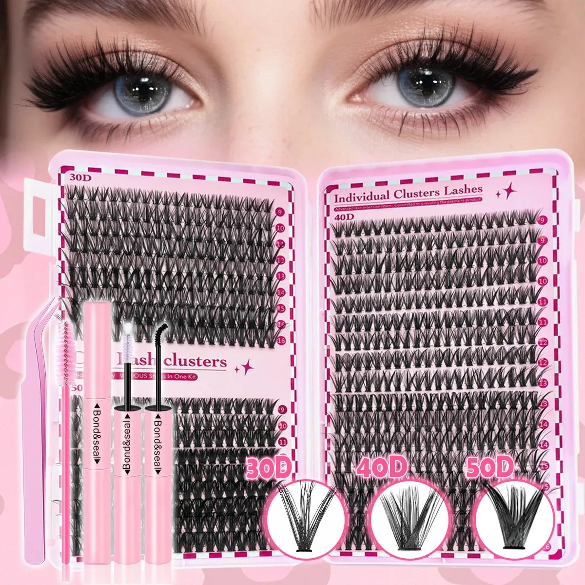 Kit d’extensions de cils DIY 700 pièces – Bouquets de cils 30D, 40D, 50D et 80D avec longueurs mixtes de 9 à 16 mm. Courbure D pour un regard plus ouvert et élégant.