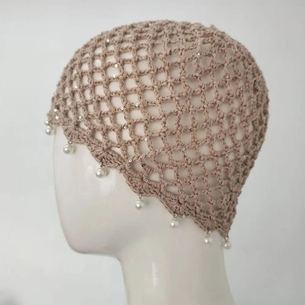 Bonnet en crochet ajouré tressé respirant avec perles et franges, style rétro, pour femme, été