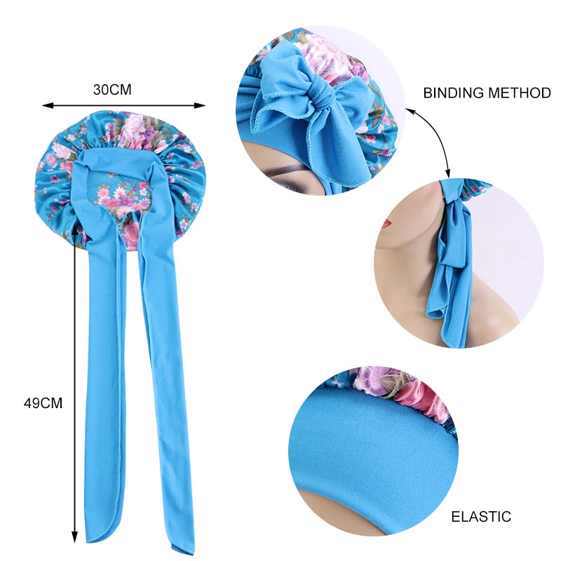 Nouveau Bonnet en Satin pour dormir, couverture de cheveux bouclés, Bonnet de nuit soyeux pour femmes, grand Bonnet de sommeil soyeux avec cravate
