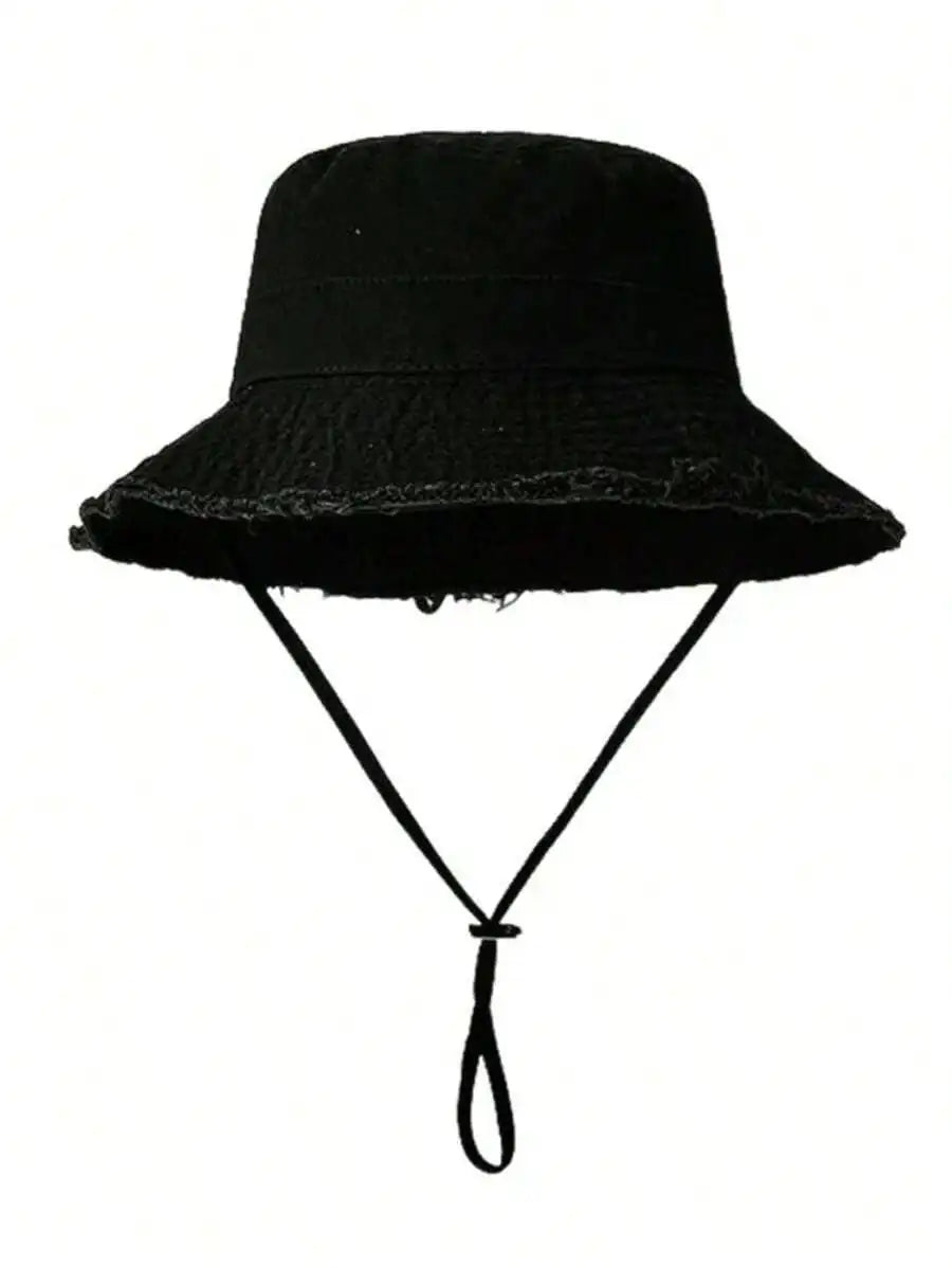 1 chapeau bob pour femme avec cordon de serrage et bords effilochés, chapeau bob d'extérieur avec sangle de menton réglable