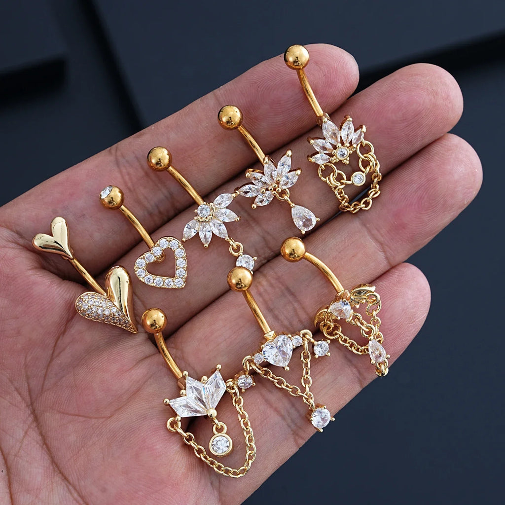 Anneaux de nombril incurvés 14G, cristaux CZ, corps Sexy, chaînes de nombril, fleur, Piercing de ventre, Umbigo, bijoux en acier inoxydable