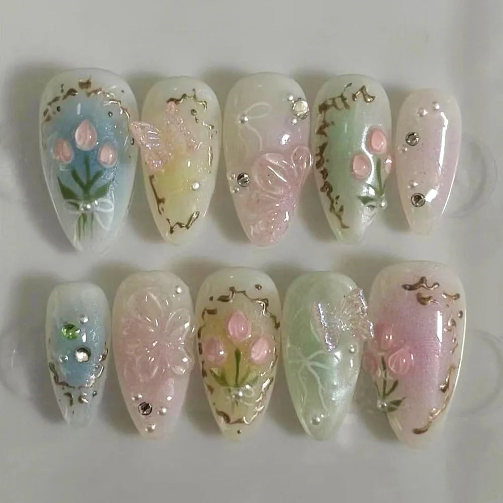 24 pièces mi-long doré amande ongles ensemble presse sur 3D fleur dégradé rose couverture complète faux ongles conseils perle réutilisable faux ongles