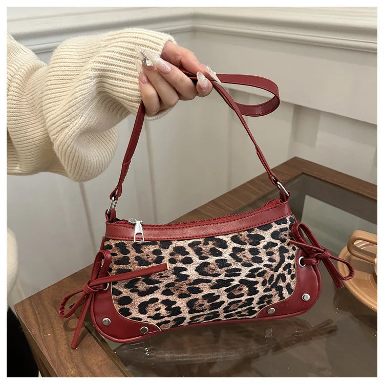 Nouveau sac sous le bras tendance, sac à bandoulière pour femmes, sac à main avec double nœud doux, sac pour dames, style rétro, sac à épaule féminin à motif léopard.
