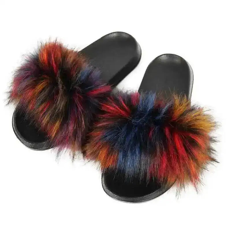 Chaussons d’été pour femme, mules fourrées d’intérieur. Tongs plates en peluche, sandales confortables et moelleuses pour femme, chaussures d’intérieur décontractées et douces pour la maison.