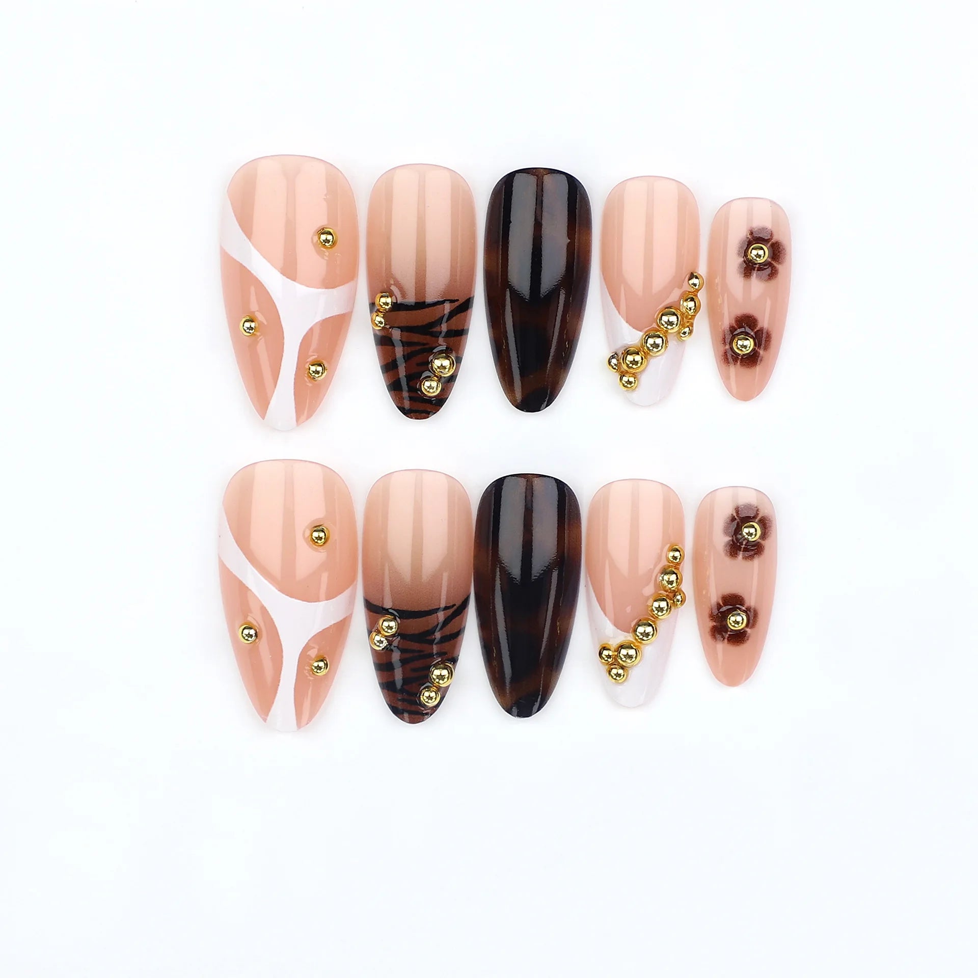 Faux ongles 3D pour femmes et filles, dégradé de fleurs en relief marron bleu avec strass, pointes d'amande d'automne et d'hiver à pression sur les faux ongles