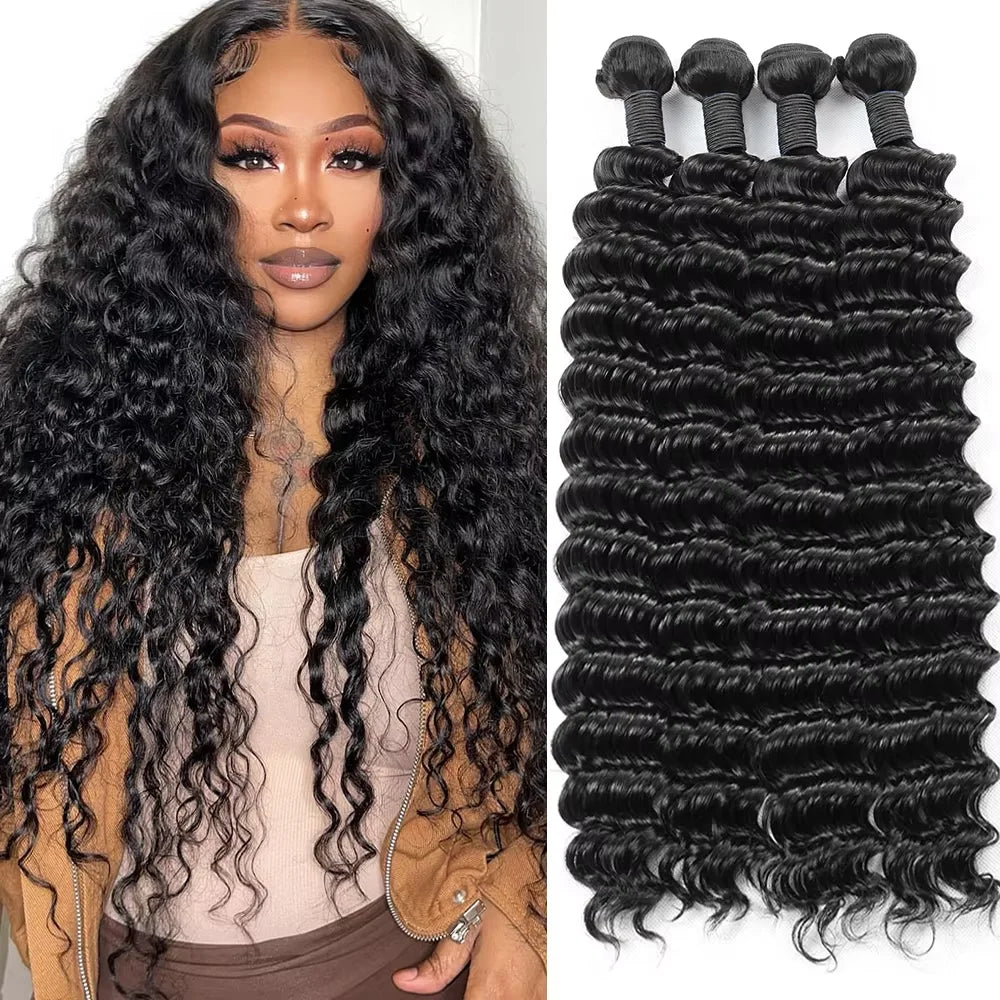 Extensions de cheveux brésiliens Remy, ondulés profonds, couleur naturelle, 38-40 pouces, non traités, 1/3/4 pièces