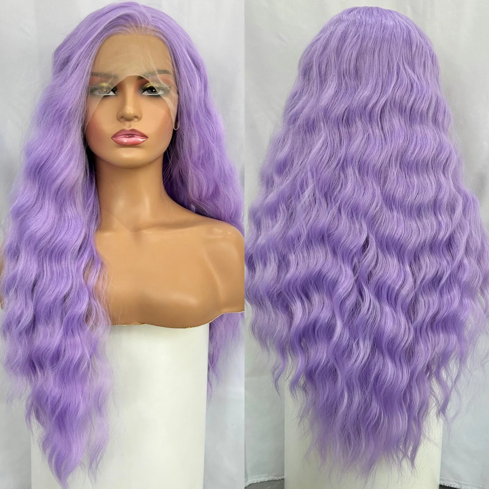 Perruque synthétique longue avec lace frontale 13x4 et raie libre (Free Part). Sa couleur lavande violet clair et ses ondulations naturelles apportent un style original et élégant.