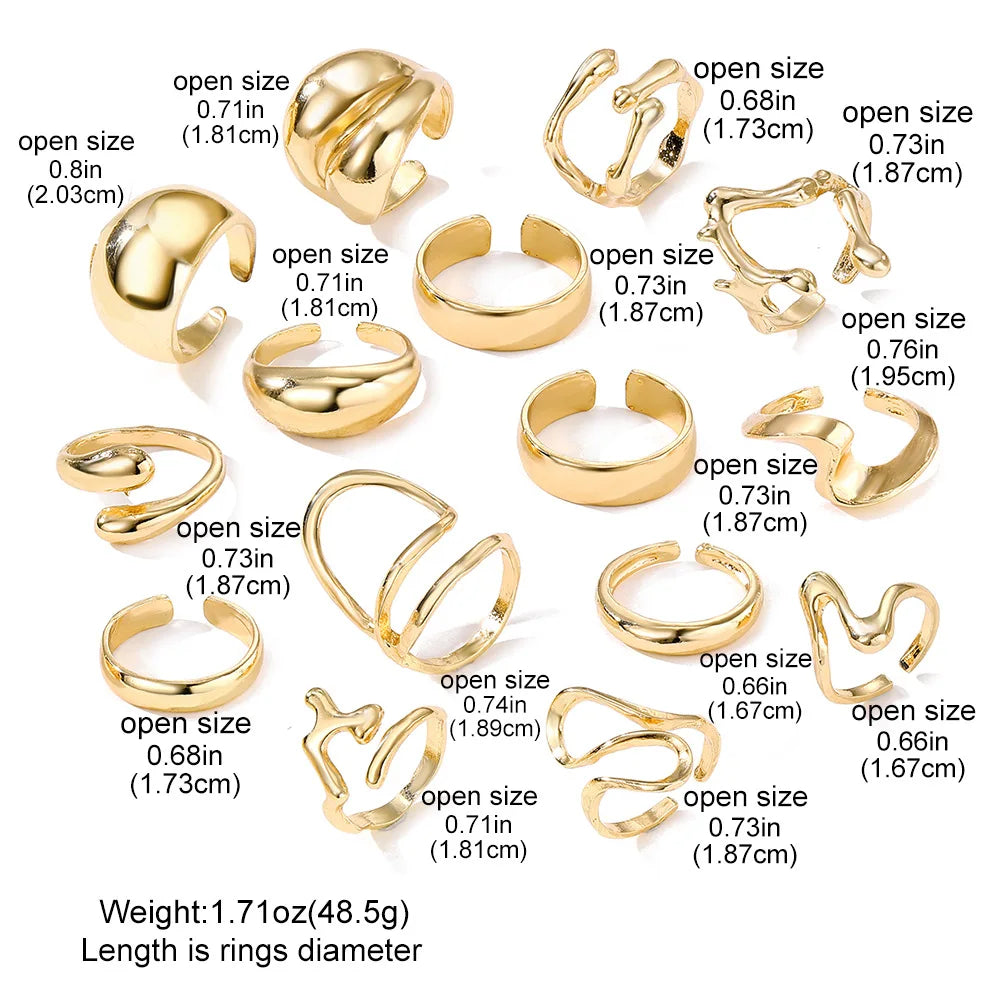 Bagues lisses en métal pour femmes et hommes, lignes irrégulières exagérées, gouttelettes d'eau, Punk rétro Boho, bijoux à la mode, cadeau, 15 pièces/ensemble