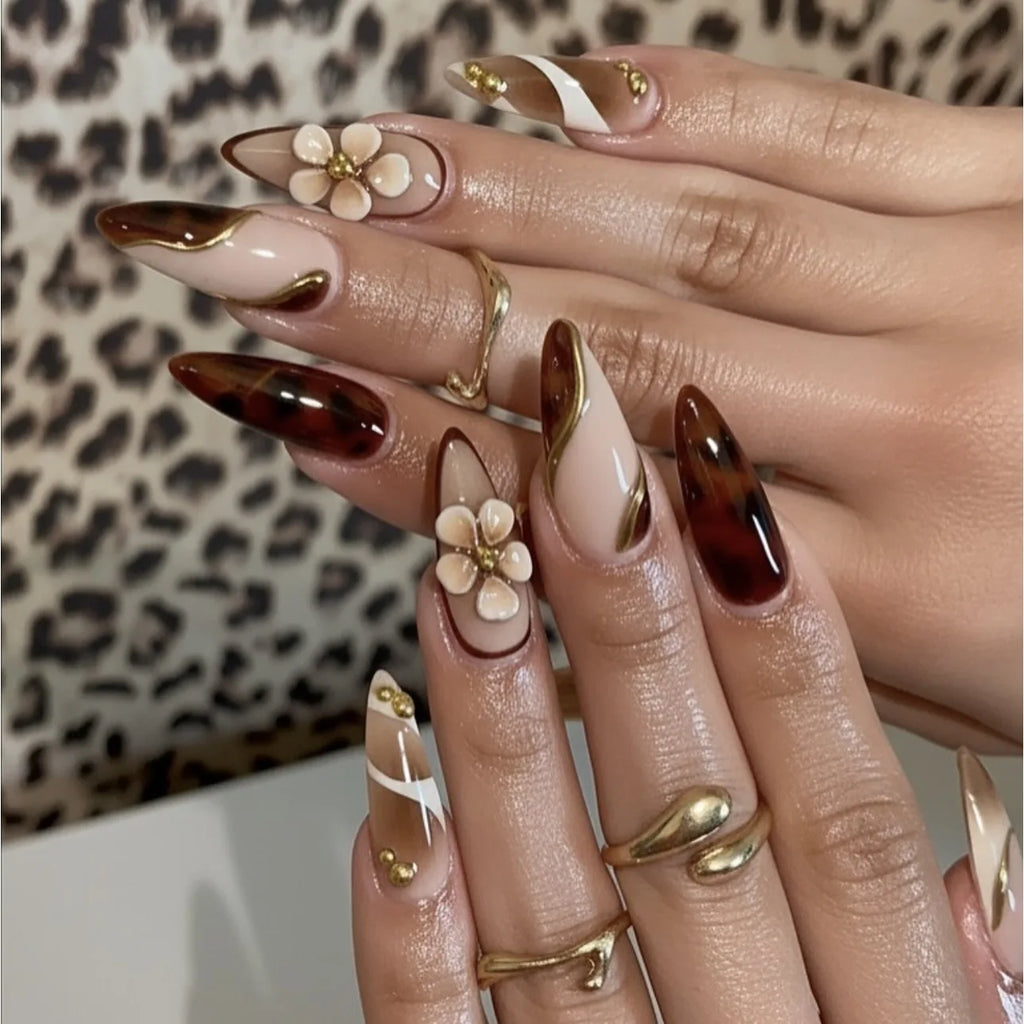 Faux ongles 3D pour femmes et filles, dégradé de fleurs en relief marron bleu avec strass, pointes d'amande d'automne et d'hiver à pression sur les faux ongles
