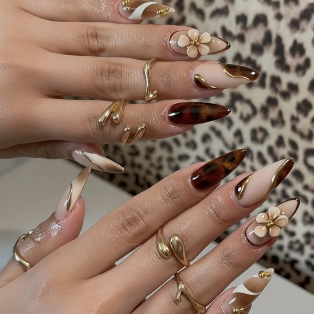 Faux ongles 3D pour femmes et filles, dégradé de fleurs en relief marron bleu avec strass, pointes d'amande d'automne et d'hiver à pression sur les faux ongles