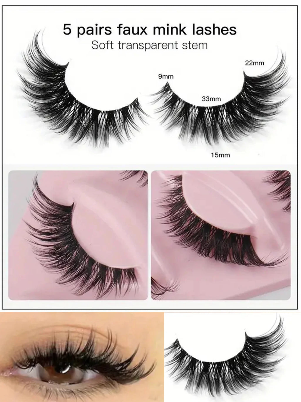 Faux cils en vison, 5 paires, maquillage, allongé
