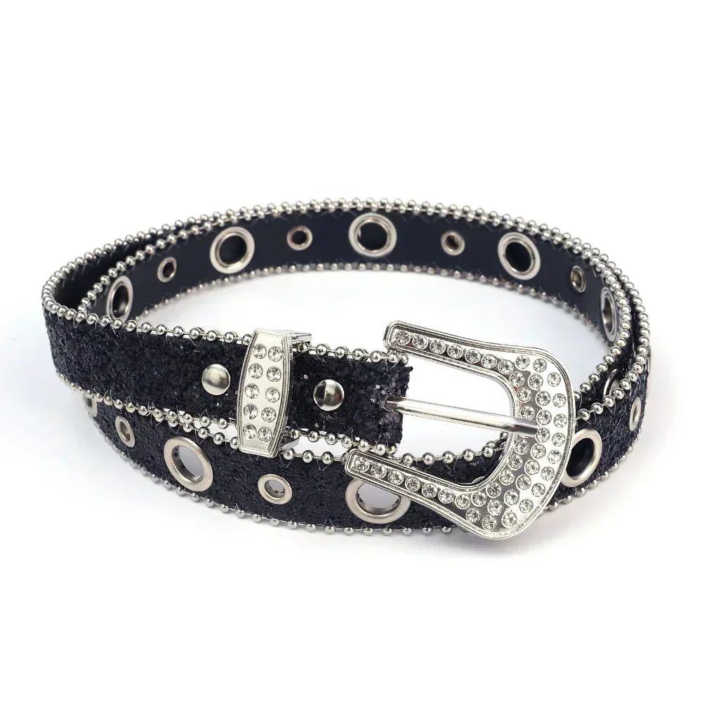 Ceinture femme mode Y2K – imprimé uni, cloutée, entièrement ornée de strass, en cuir PU, brillante style cristal, réglable, ceinture scintillante pour club et soirée